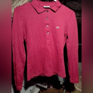 Lacoste maroon-coloured long-sleeved collare  olo-style top/shirt in size-medium
